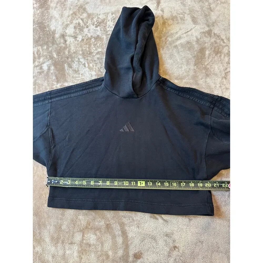 Adidas Womens Medium Cropped Hoodie Black Tonal Logo Oversized Sweatshirt M